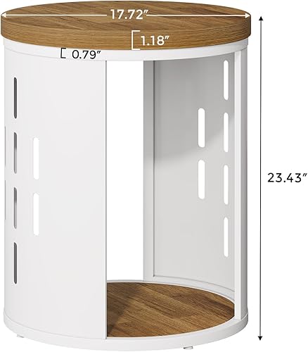 Miniatura 2 de Mesa auxiliar redonda, mesa auxiliar rústica de 2 niveles con estante de almacenamiento, mesita de noche pequeña con marco de metal blanco para sala