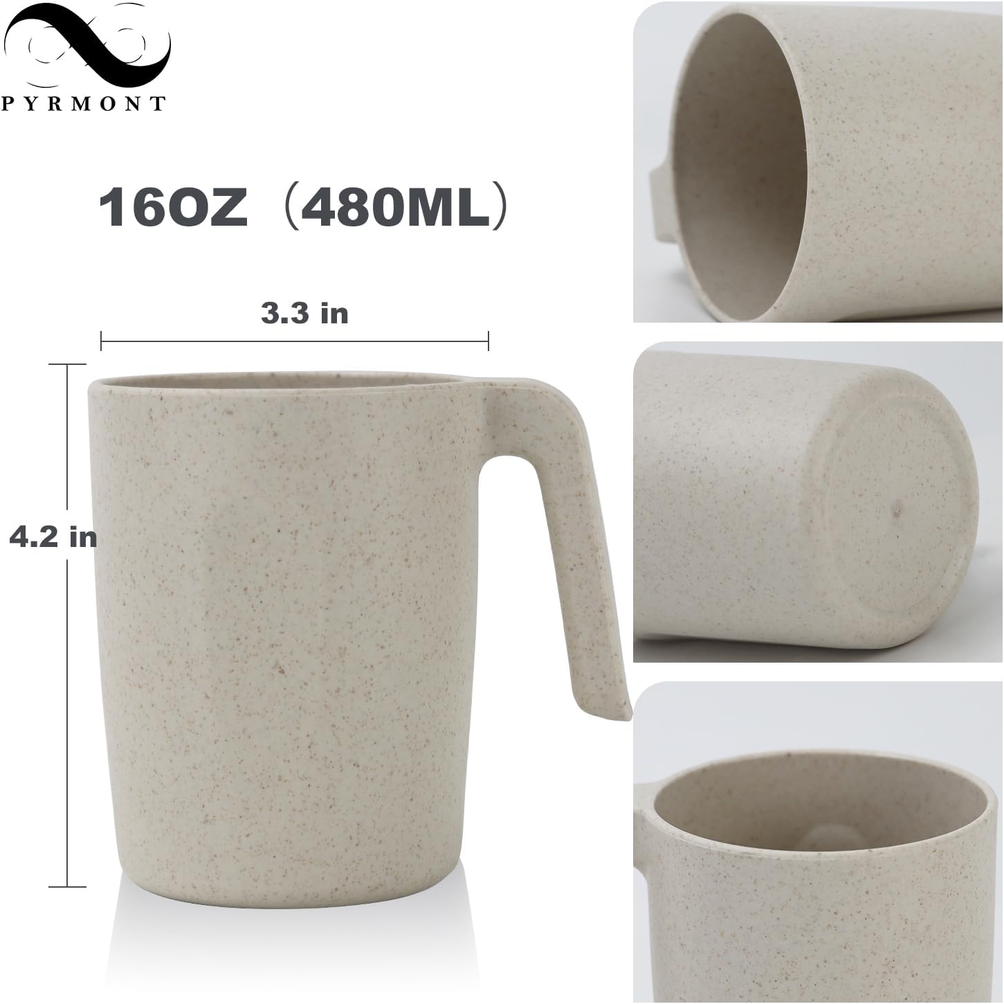 PYRMONT Wheat Straw Cups-Mug Set of 6,Reusable Plastic Coffee Mug,Tea Cup with Handles,16 oz Mug Set for Coffee,Camping,Unbreakable Drinking Glasses,BPA-Free,Dishwasher & Microwave Safe-Beige - Image 2