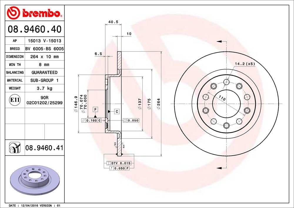 Brembo 08.9460.41 - Disco Freno con Verniciatura UV (Set di 2) - Posteriore