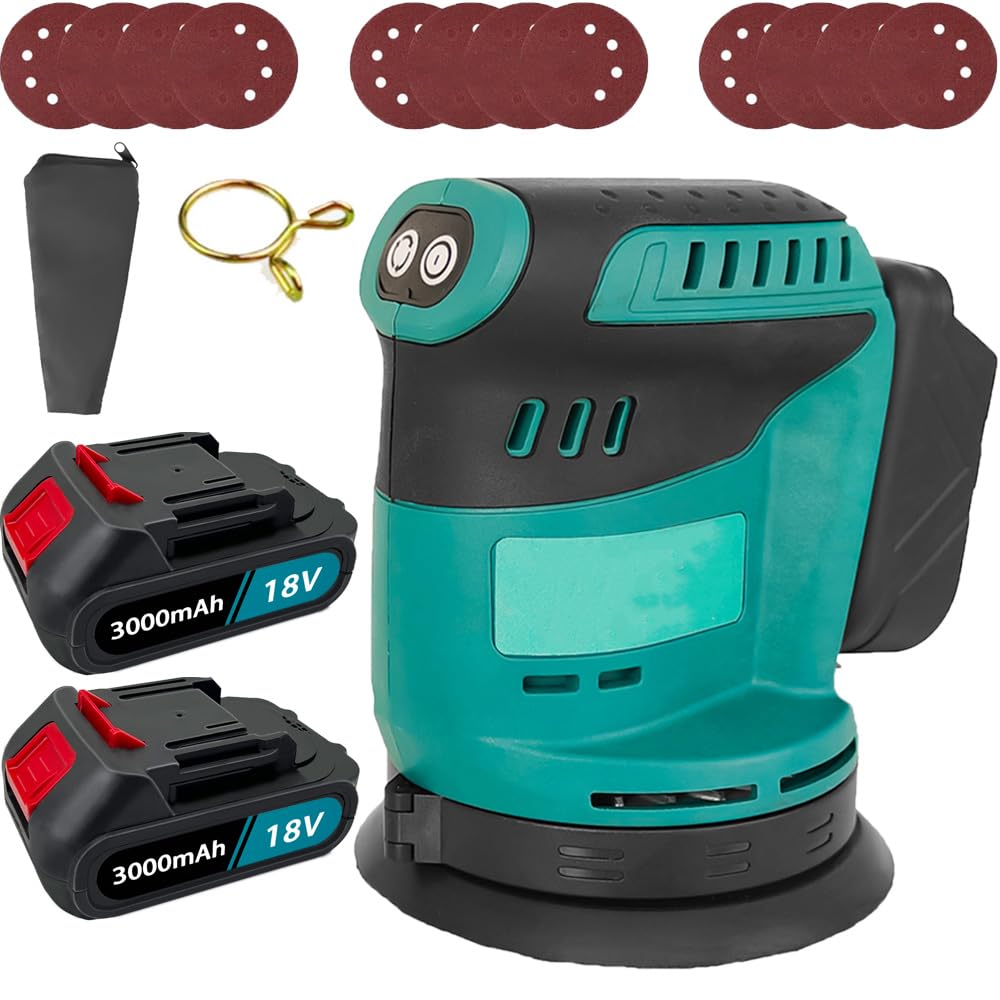 Akku Exzenterschleifer 125mm, Ersatz für Makita DBO180Z, Kabellose Elektroschleifer mit 2 x 3000mAh Akku und Ladegerät, 12 Schleifpapier, 3 Leistungsstufe, für Holzbearbeitung, Metallbearbeitung