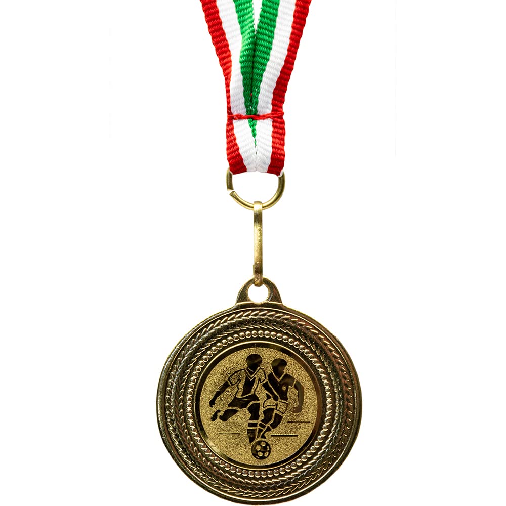Fábrica de trofeos – Medallas de fútbol – Juego de 10 medallas de metal – Medalla de fútbol dorada para colgar para premios de premios – Medallas para niños con cinta verde y blanco rojo y emblema