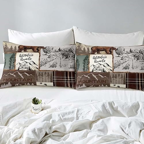 Miniatura 4 de LUVIVIHOME 2 piezas de ropa de cama rústica de cabaña, funda de edredón individual, ropa de cama de granja, oso ciervo, animales del bosque, colcha