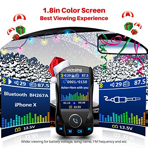 VicTsing 1.8" Color Display Bluetooth FM Transmitter for Car, Wireless Bluetooth Car Adapter with EQ Mode, Power Off, 3 USB Ports, 4 Music Playing, Hands-Free Calls, AUX Input