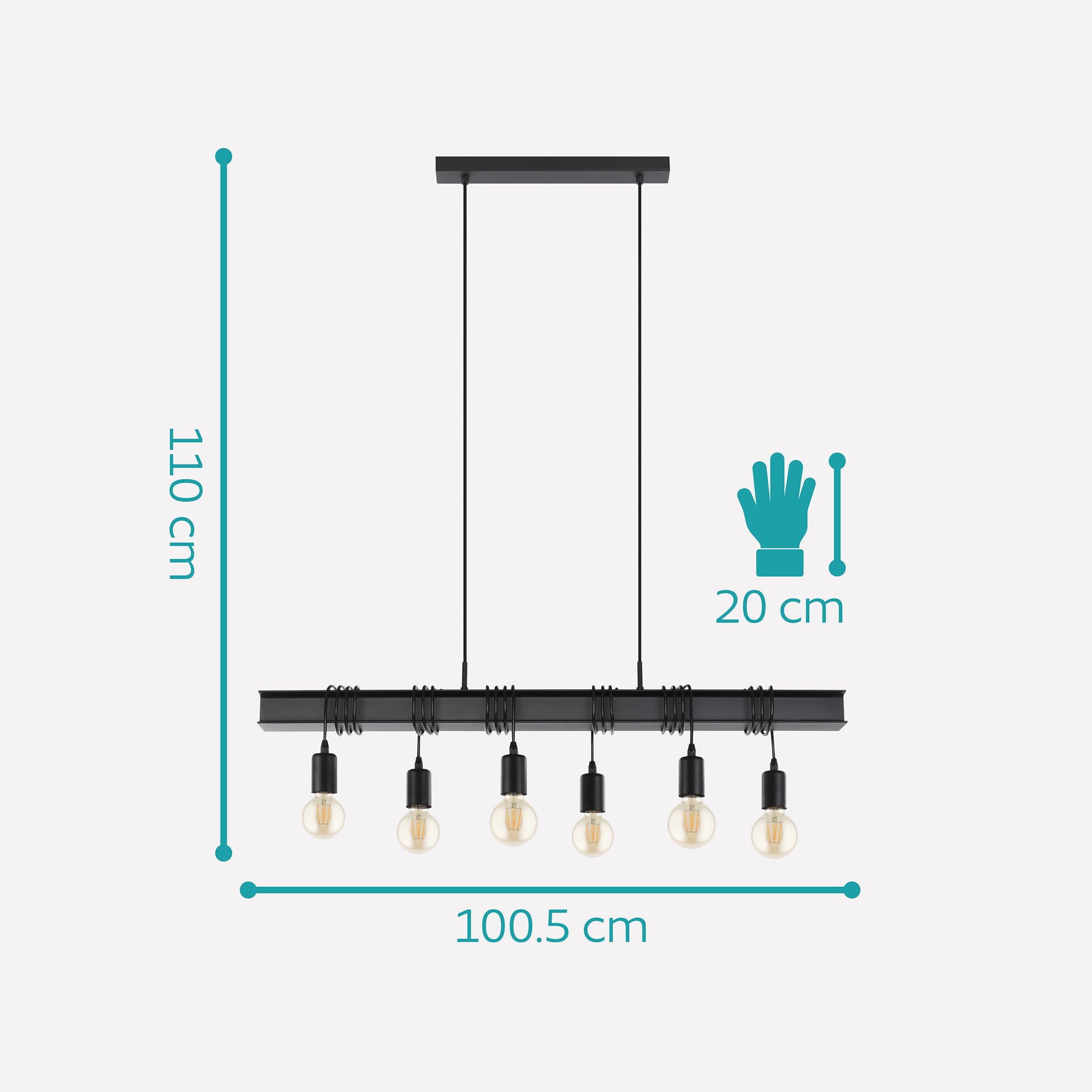 Eglo Suspension luminaire Townshend, plafonnier suspendu vintage à 6 | lampes, lampe de salle à manger, lustre salon style industriel, acier noir, douille E27
