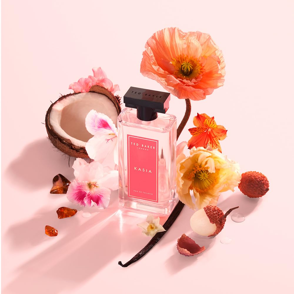 Ted Baker Kasia Eau De Toilette, Fruity Floral, For Women, 100ml | Mood-lifting fragrance in a fruity floral scent with lychee, jasmine, coconut, vanilla and warm amber notes.