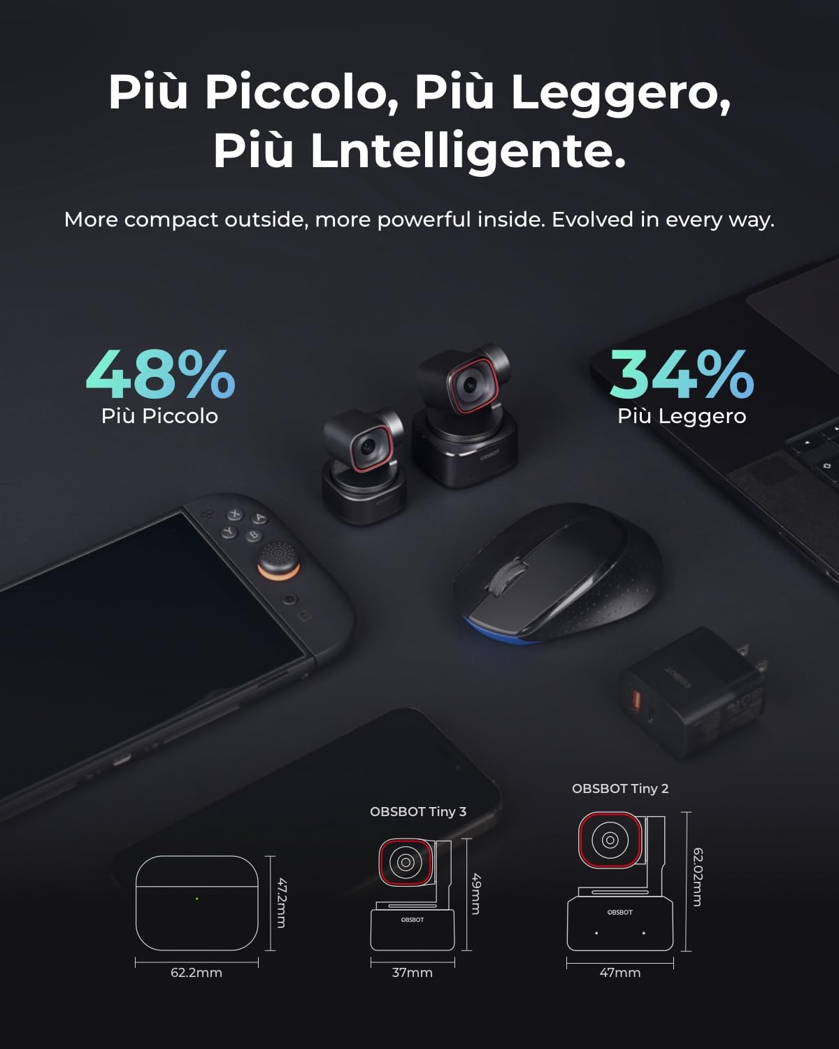 OBSBOT Tiny 3 AI-Powered Spatial Audio 4K Webcam, AI Tracking PTZ Camera con Sensore 1/1,28", Tri-Mic, Sprach- & Gestensteuerung, 120FPS, HDR, Web cam per PC, Laptop, Streaming e Meeting, Switch 2