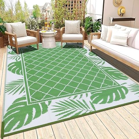 Ileading Outdoor Rug Carpet for Patio 5' x7' Waterproof Reversible Plastic Straw Rug Portable Outside Area Rug Camping Mat for Patio, Clearance, Balcony, Picnic, Pool, Beach, RV, Deck, Leaf Green Cover