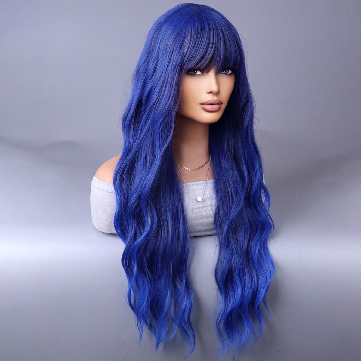YEESHEDO Long Blue Hair Wigs Fringe for Women Girls Natural Curly Wavy Synthetic Colorful Wig for Festival Halloween Outfit Party Cosplay or Daily 28 Inches,dark blue - Image 3