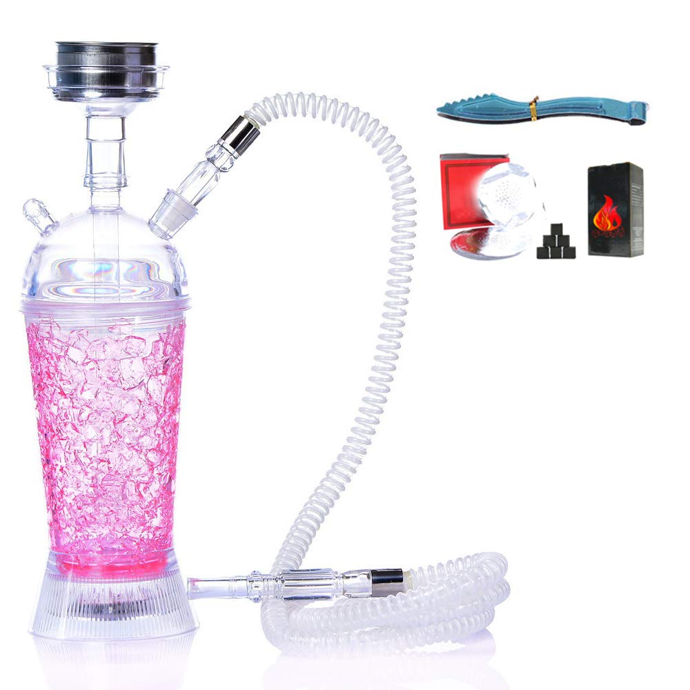Cachimba Premium Conjuntocon Modern Acrílico Diseño Shisha LED con el Hollín, el Clip de Carbono, Y La Hoja de Lata Portátil Hookah Shisha,Rosado