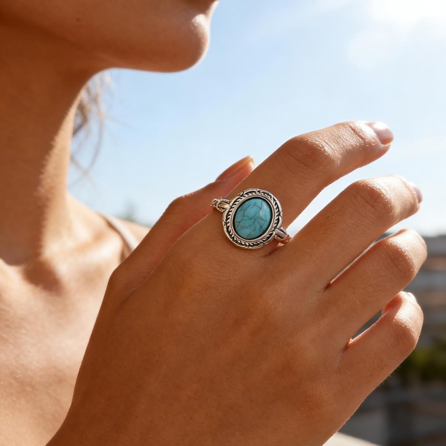 Boho Turquoise Finger Ring Blue Turquoise Open Knuckle Ring Vintage Turquoises Wrap Open Ring Turquoises Adjustable Stacking Ring Jewelry for Women - Image 6