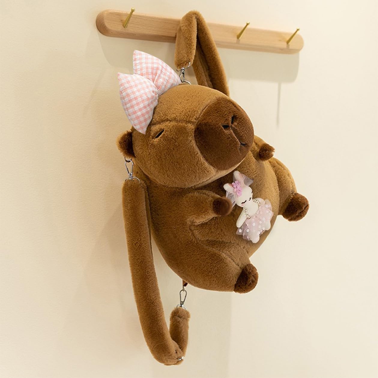 Cute Capybara Backpack with Leash Soft Bow Capybara Stuffed Animals Plush Backpack Gifts for Womens - Image 4