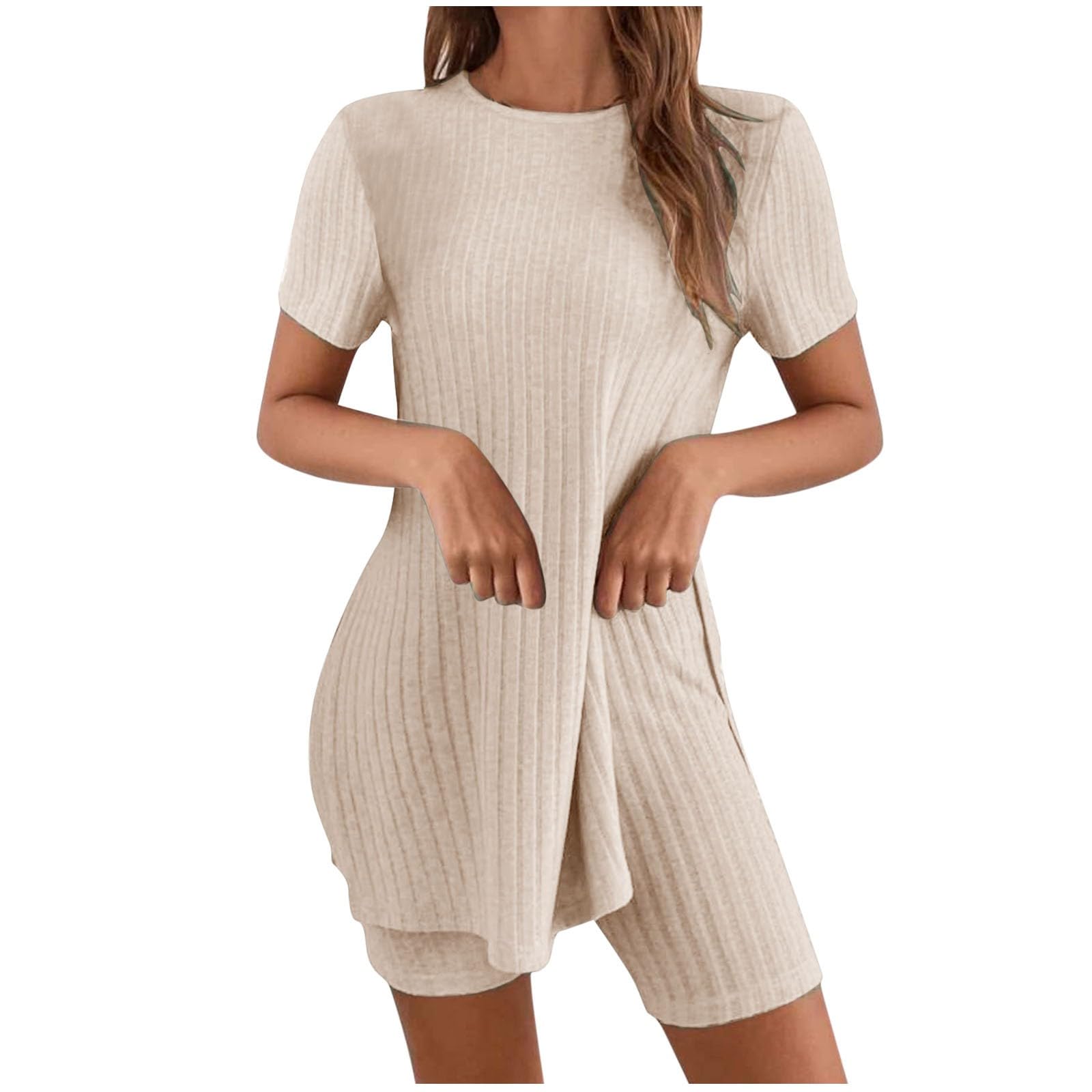Pajamas for Women Set Shorts Crewneck Short Sleeve Side Split Tops Ribbed Knit 2pc Loungewear Comfy Soft Lounge