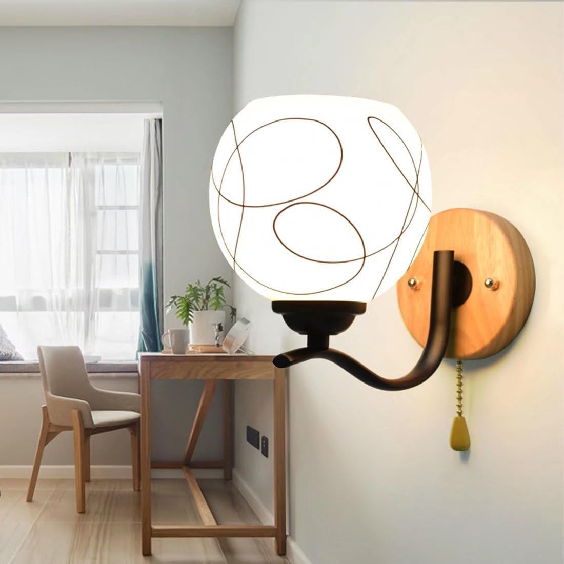 Modern Wood Base Wall Lamp with Pull Switch E27 Glass Lampshade Home Wall Lights