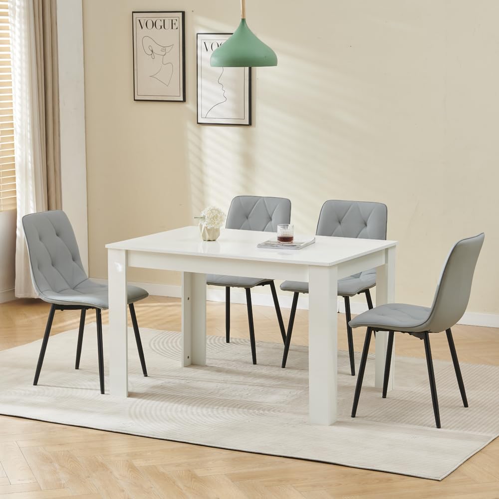 Homullel 5 Piece Dining Room Table and Chairs Set for Dining Room, Modern 120cm White High Gloss Dining Table with 4 Grey PU Leather Chairs for Family Dinner Set Space Saving — image 1