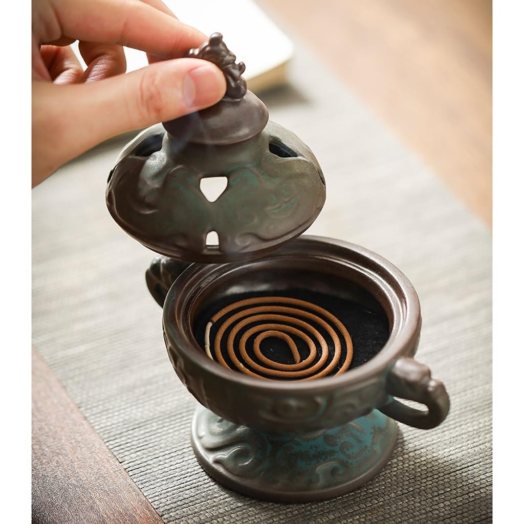 Weihrauchbrenner Retro Nachahmung Bronzemuster Hochfußplatte Räucherholz Sandelholz Agarwood Zuhause Innenraum Aromatherapie-Brenner Weihrauch