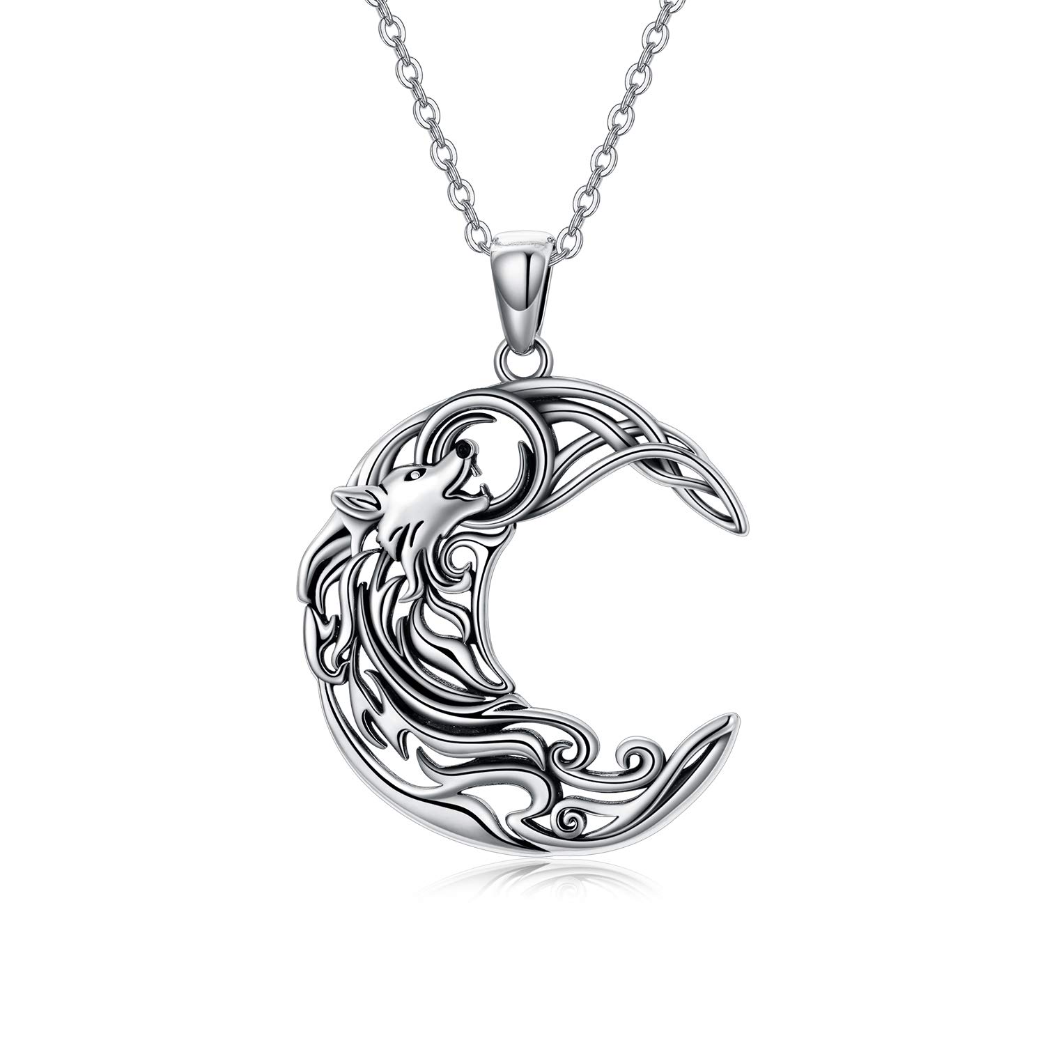 WINNICACA Sterling Silver Wolf Necklace Wolf Jewelry Crescent Howling Wolf Pendant Necklace Jewelry for Wolf Lover Girls Women Sister Mom Friend Birthday Gift, Sterling Silver, No Gemstone,