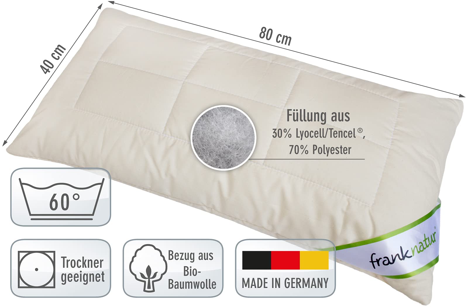 franknatur Kopfkissen 40x80 Lyocell Kissen höhenverstellbar Bio Baumwolle | anpassbare Höhe, weich stützend, Füllung mit Lyocell Tencel, Bezug 100% Bio Baumwolle, atmungsaktiv, waschbar, Oeko-TEX
