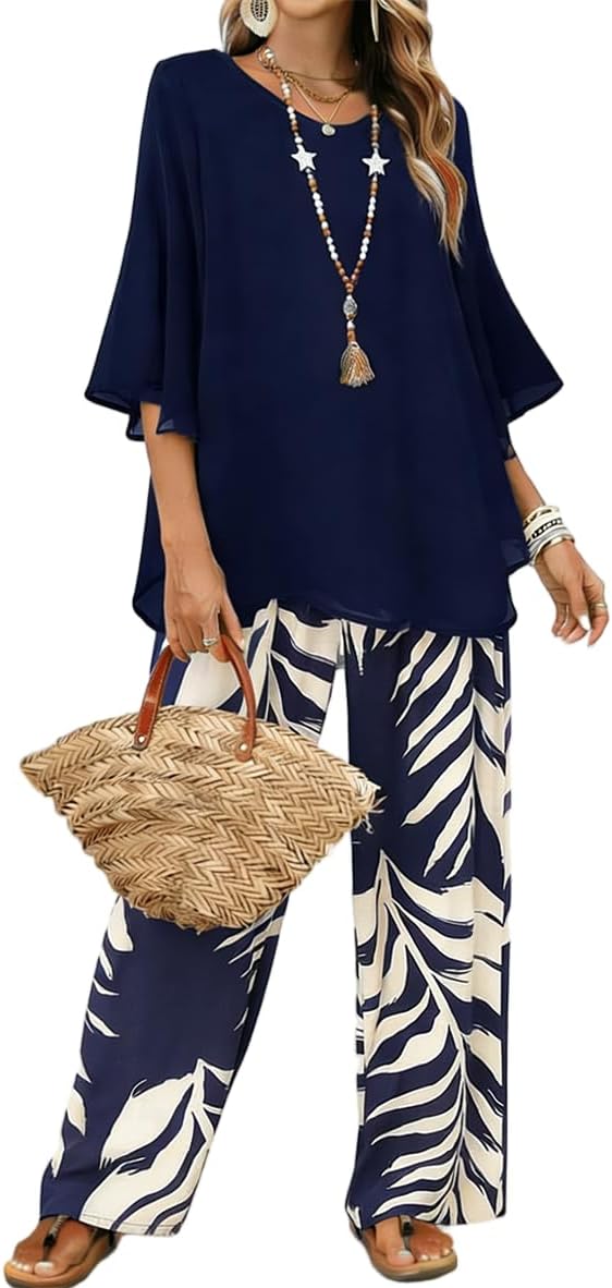 DEPENSL Women's Summer Two Piece Outfit Solid Flowy Bell Sleeve Top and Floral Print Wide Leg Pants Set