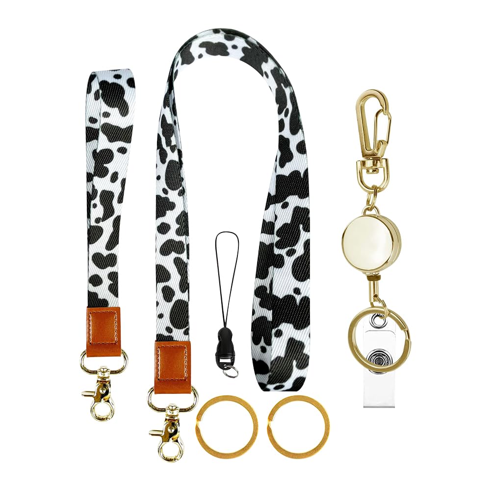 HugeDE Cow Print Lanyards Detachable Neck Wrist Keychains Retractable Badges Breakaway Lanyard Quick Release Wristlet Lanyard Wallets Key Strap for Work Office