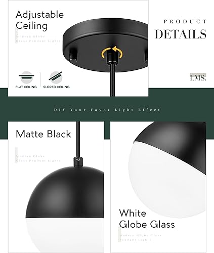 Miniatura 2 de LMS Lámpara Colgante de Mediados de Siglo de 6 Pulgadas, Lámparas Colgantes de Color Negro Mate con Cristal de Globo Blanco, Lámparas de Techo Negro