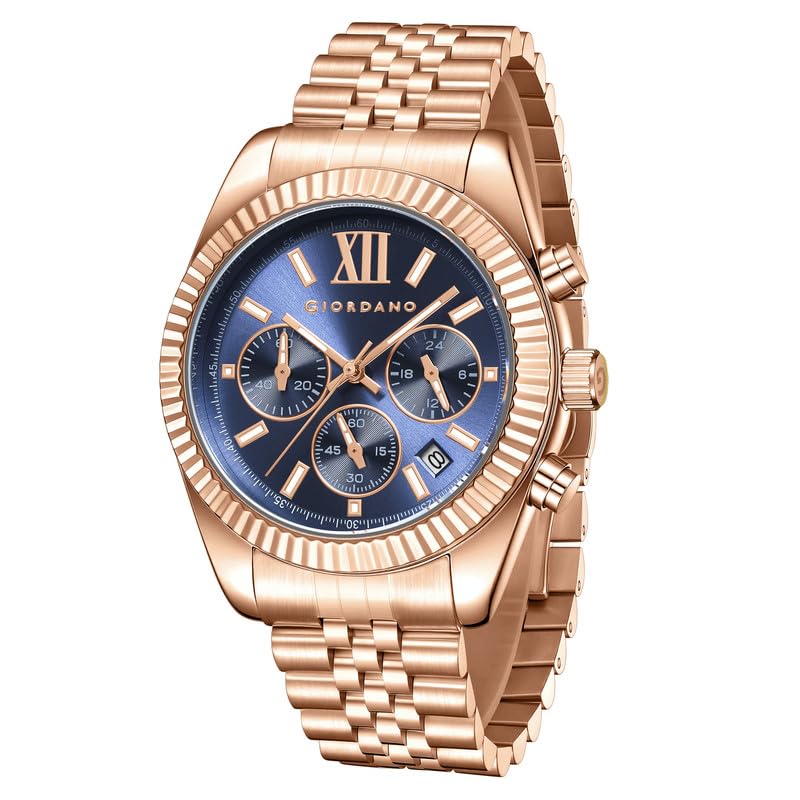 Image of Giordano Chronograph Watch for Men with Round Sunray Dial, Quartz Movement, Three Sub-Dials, Date Display, Roman Numeral Marker, Stainless Steel Strap - GZ-50217