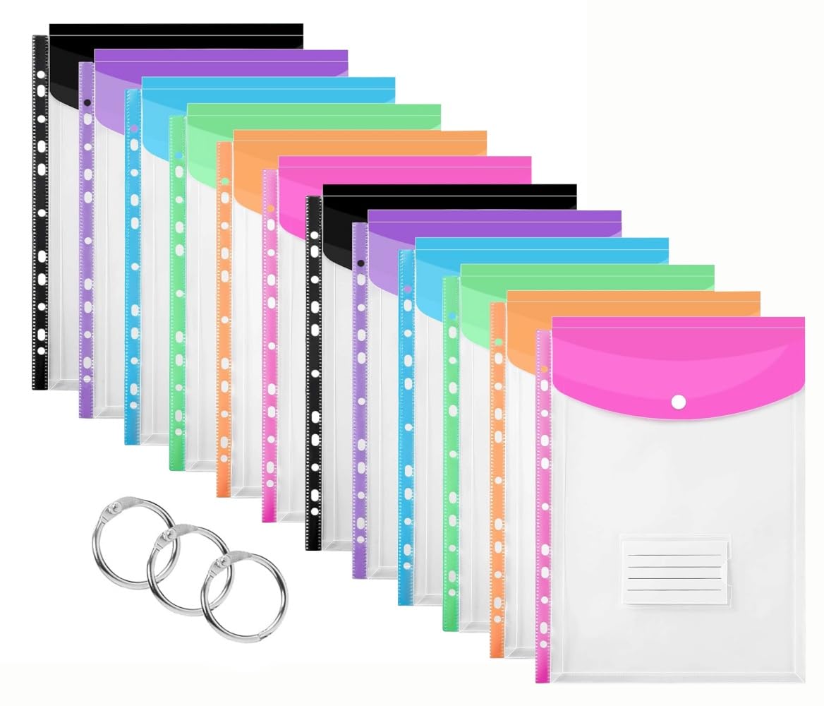 12 Pcs Plastic Wallets A4 Punched Pockets, Plastic Document Files with Button,Tab Card, and Binders