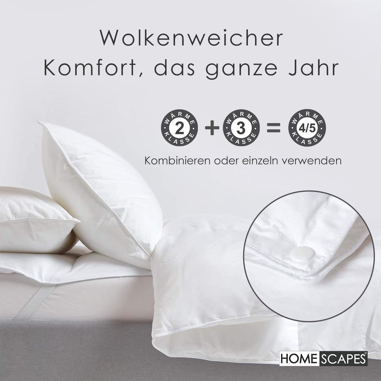 Homescapes 4-Jahreszeiten Bettdecke 200x200 cm, 2 Gänsefedern- & Daunen-Decken Wärmeklasse 2 & 3, zusammenfügbare Steppdecken mit 180 & 350 GSM Füllung für Sommer & Winter