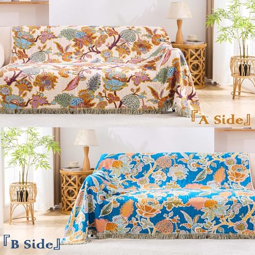 Image of XIBLC Boho Throw Blanket for Bed, 100% Cotton Soft Rustic Quilt Fall Blanket, 80 inchx90 inch Floral Printed Farmhouse Decor Bed Blankets, All Season Rustic Reversible Bohemian Throw Quilt