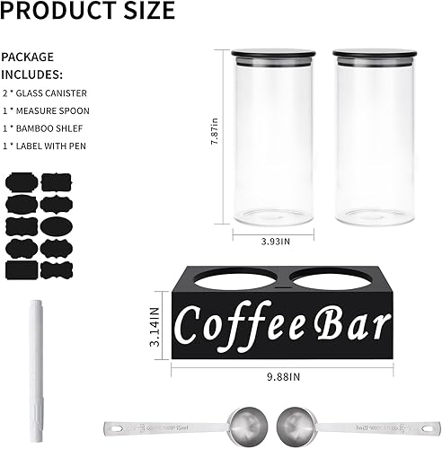 Miniatura 5 de Contenedores de café de vidrio herméticos para almacenamiento de granos de café con estante, 2 unidades de 44 onzas, organizador de estación de