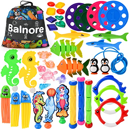 balnore Tauchspielzeug, 40PCS Wasserspielzeug Kinder Pool Spielzeug mit Tauchtür Tauchringe Edelsteine Bandits Torpedo Poolspielzeuge Schwimmspielzeug mit Tragetasche für Poolparty Schwimmbad Outdoor