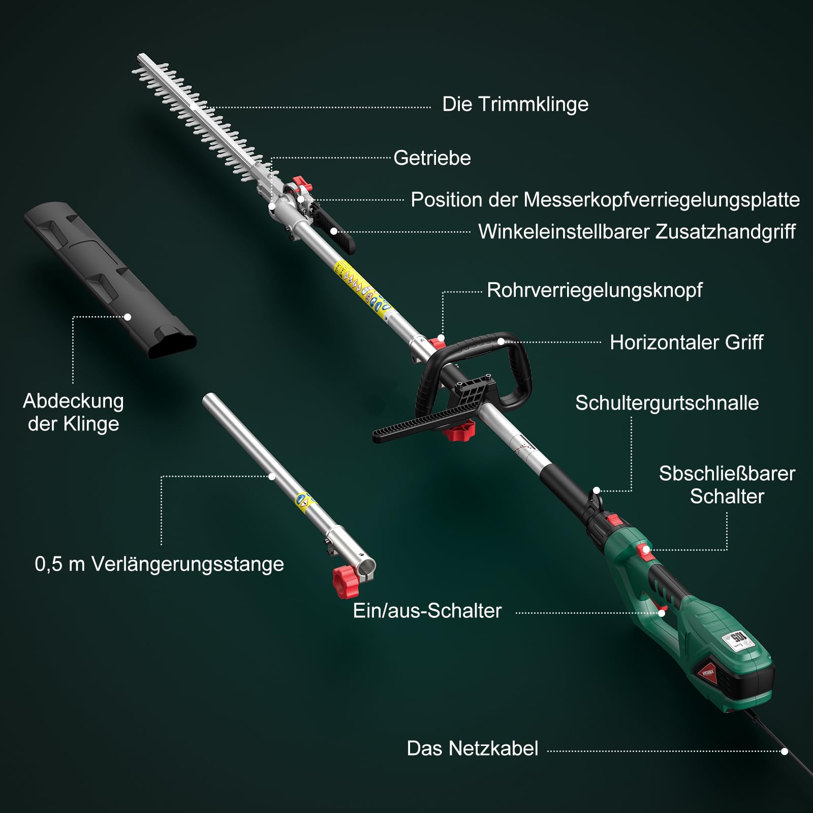 HYCHIKA Teleskopheckenscheren Elektrisch 900W, Heckenschere Teleskop-Astschere, Power Hedge Trimmer, Hochentaster 200-250 cm Verstellbare Reichweite, Schwenkbarer Kettensägenstab für Hof & Garten