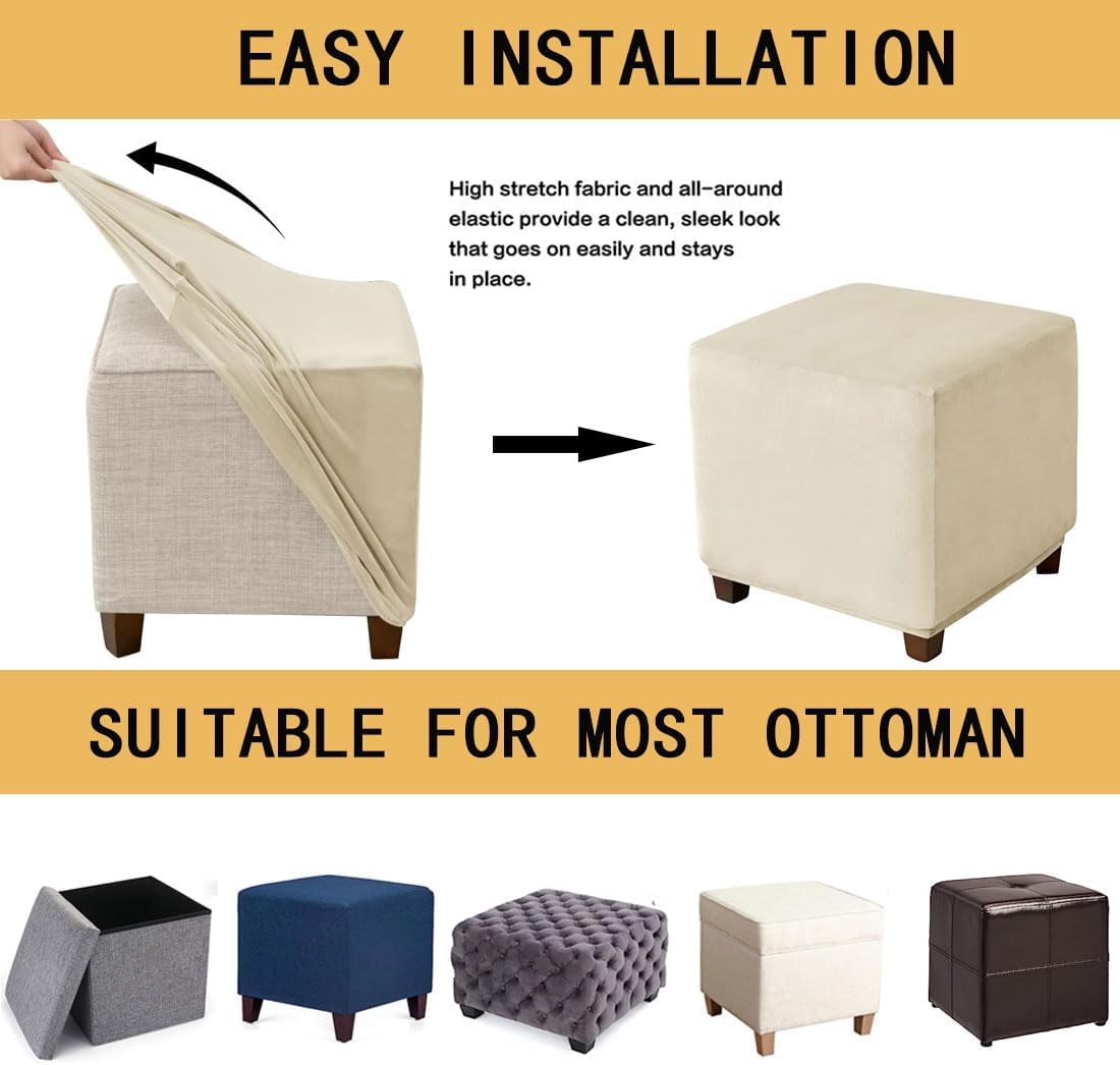 Housse De Pouf Carrée En Velours Élastique Gris - 45x45 Cm - Protection Anti-poussière Pour Ottoman - Lavable En Machine