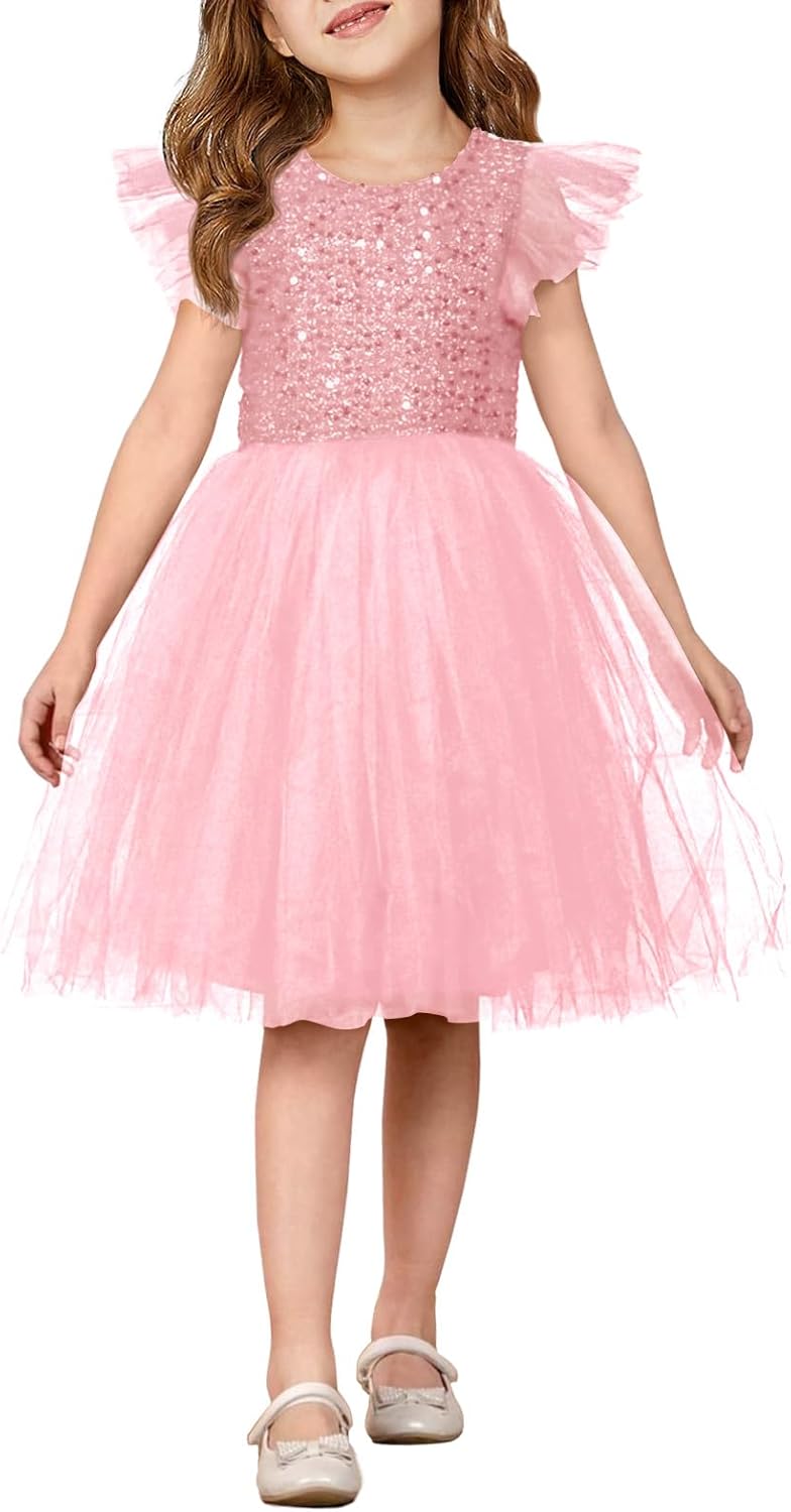 Girls Sequin Tutu Dress Kids Sparkly Flutter Sleeve Party Tulle Dresses 5-14 Years