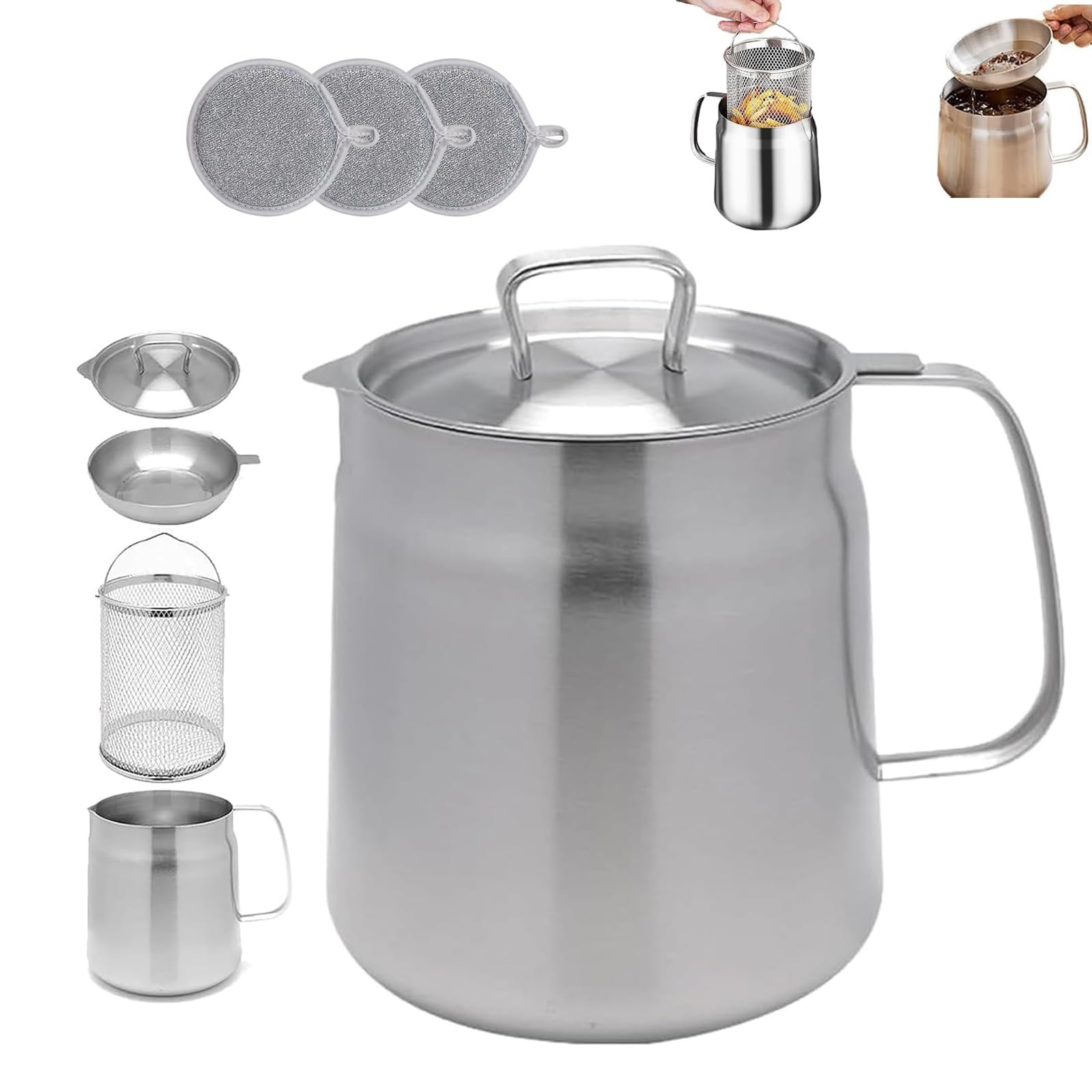 Smoohh One Color 2-In-1 304 Stainless Steel Multifunctional Oil Strainer Pot, Large Capacity Versatile Oil Filter Vessel Tank, Oil Pot With Strainer, Frying Net Tank For Kitchen/Camping(68Oz/2L)