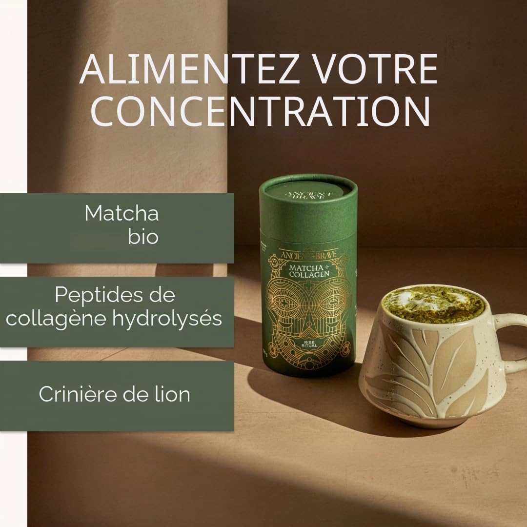 Ancient + Brave - Matcha Collagen - 150 g - Poudre de Champignon Crinière de Lion pour la Clarté Mentale - Collagène Hydrolysé pour Peau, Cheveux et Ongles - Matcha, Huile MCT, Moringa et Cannelle