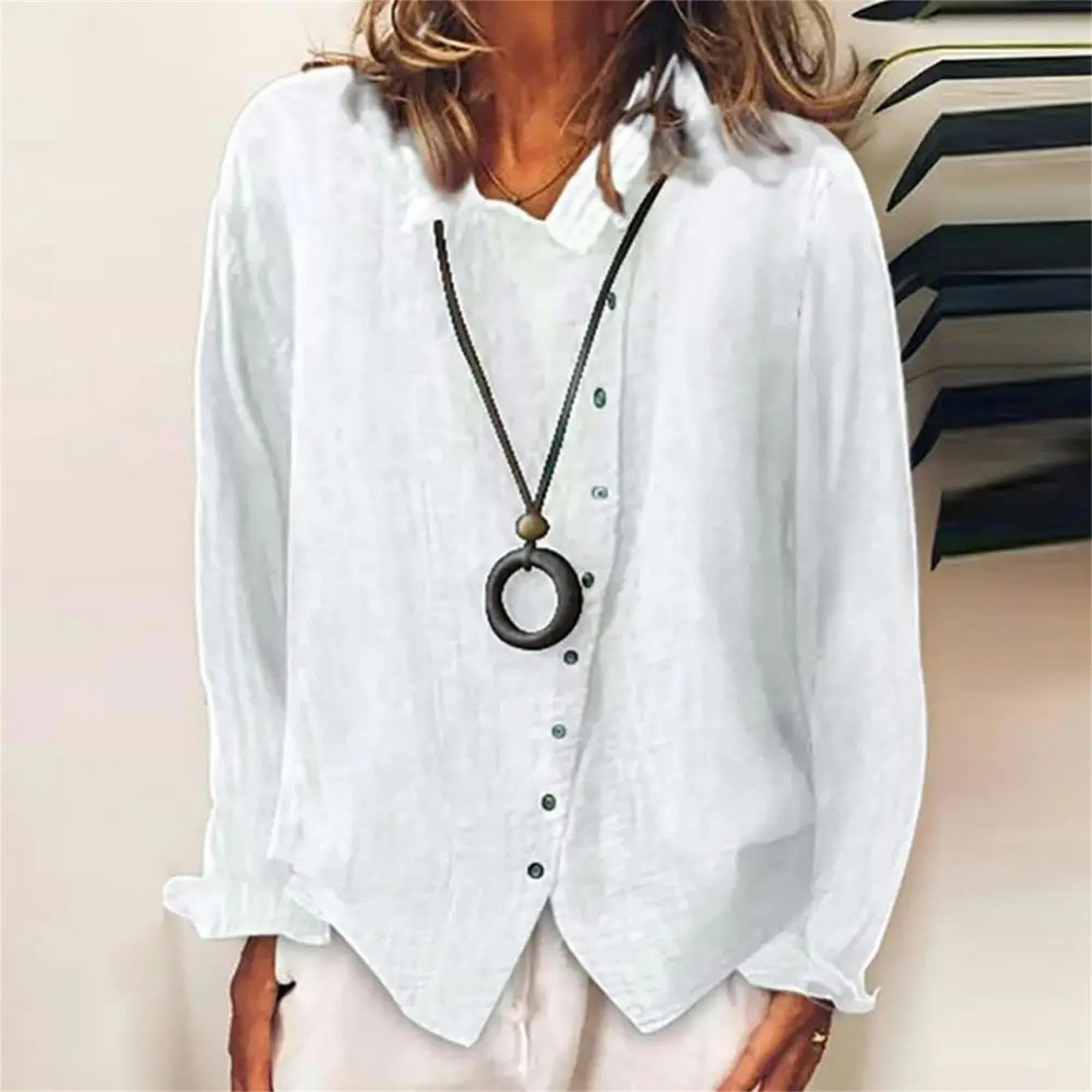 Camicia Donna Elegante Camicie Casual di Colore Solido Donne Camicie in Lino A Maniche Lunghe Autunnali per Donne Tunic Top Ladies Camicie-Bianco-2Xl