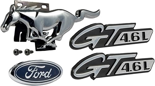 Mustang GT 4.6L 1996-1998 Juego de 4 piezas para parrilla delantera, caballo, guardabarros y emblemas ovalados azules para tronco
