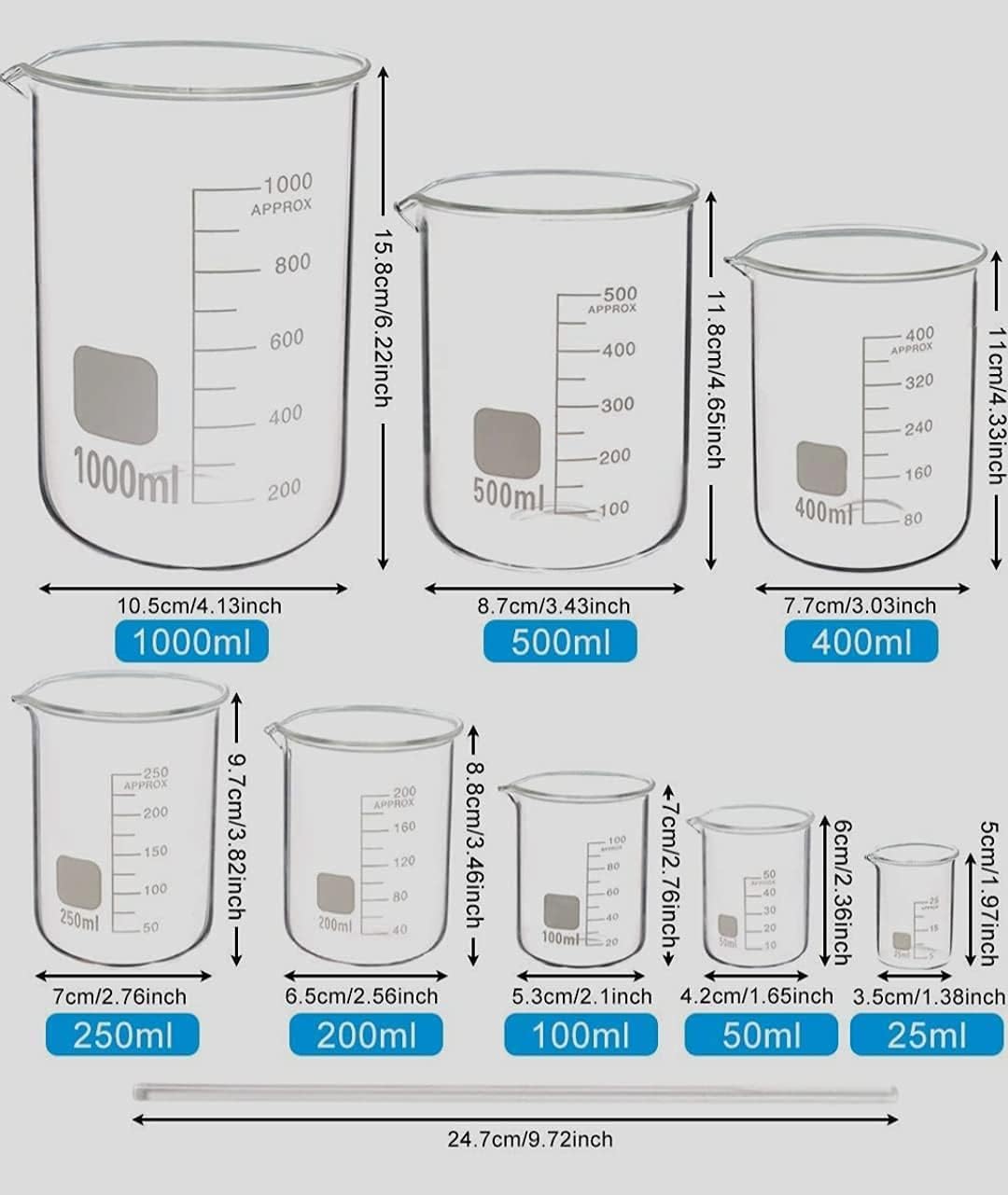 Borosilicate Glass Beakers 500ml, Heat and Chemical Resistant Lab Beaker Set with Clear Graduation Marks, 6 Pack