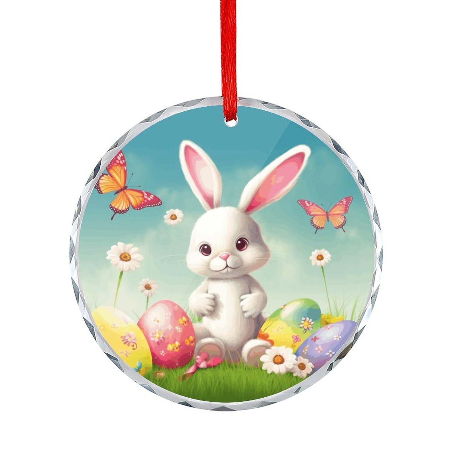 Fodpand Women's Style Easter Bunny With Eggs And Spring Butterfly Round Glass Ornament Keepsake Gift Exchange Ideas Car Decor,Christmas Ornaments For Tree Window Garden Ornaments