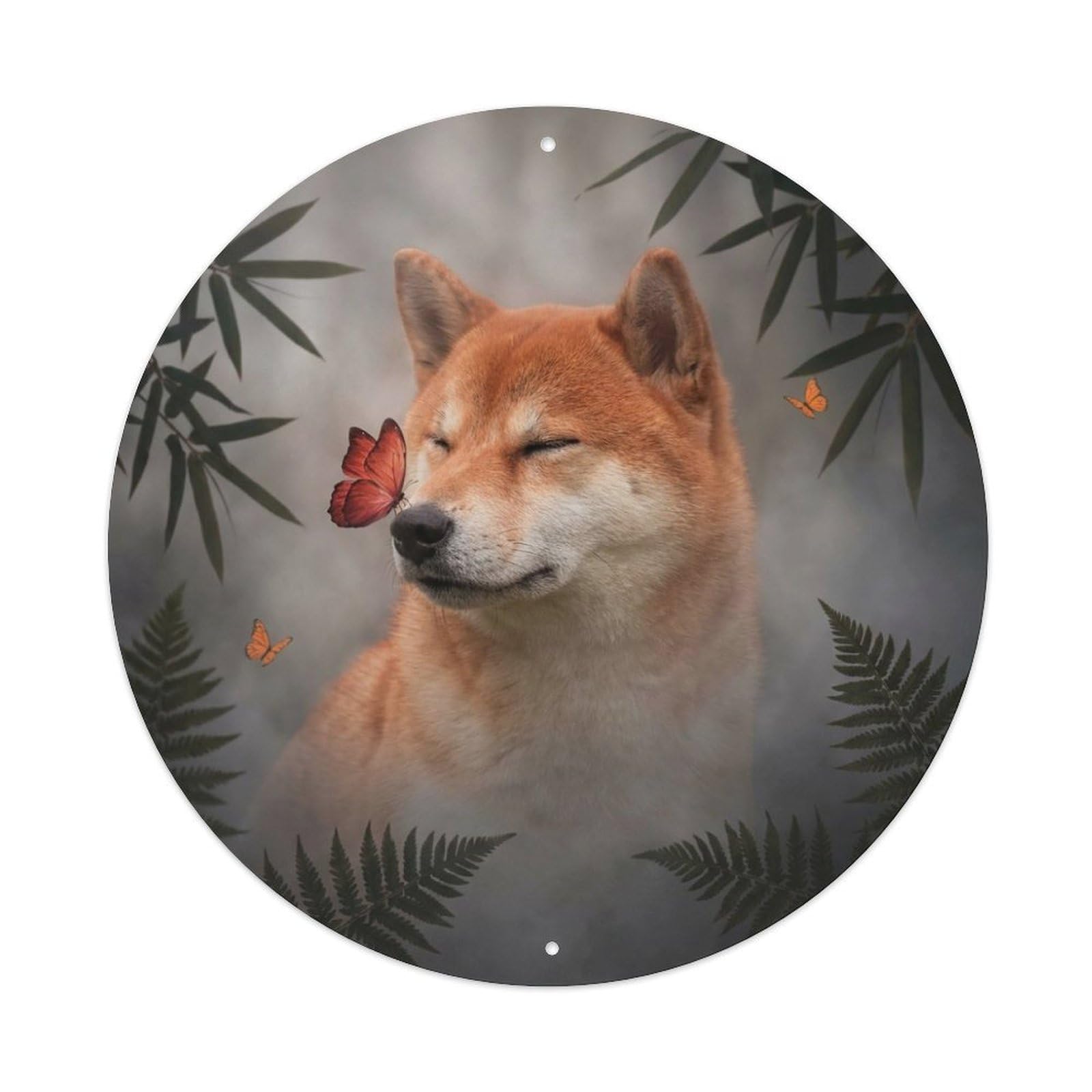 Shiba Inu Cute Dog Red Orange Butterfly Kawaii Woodland Pastel Metal Tin Sign Plaque Wall Decor for Cafe, Man Cave, Club Bar, Office, Home Garden Round Metal Poster 8x8Inch