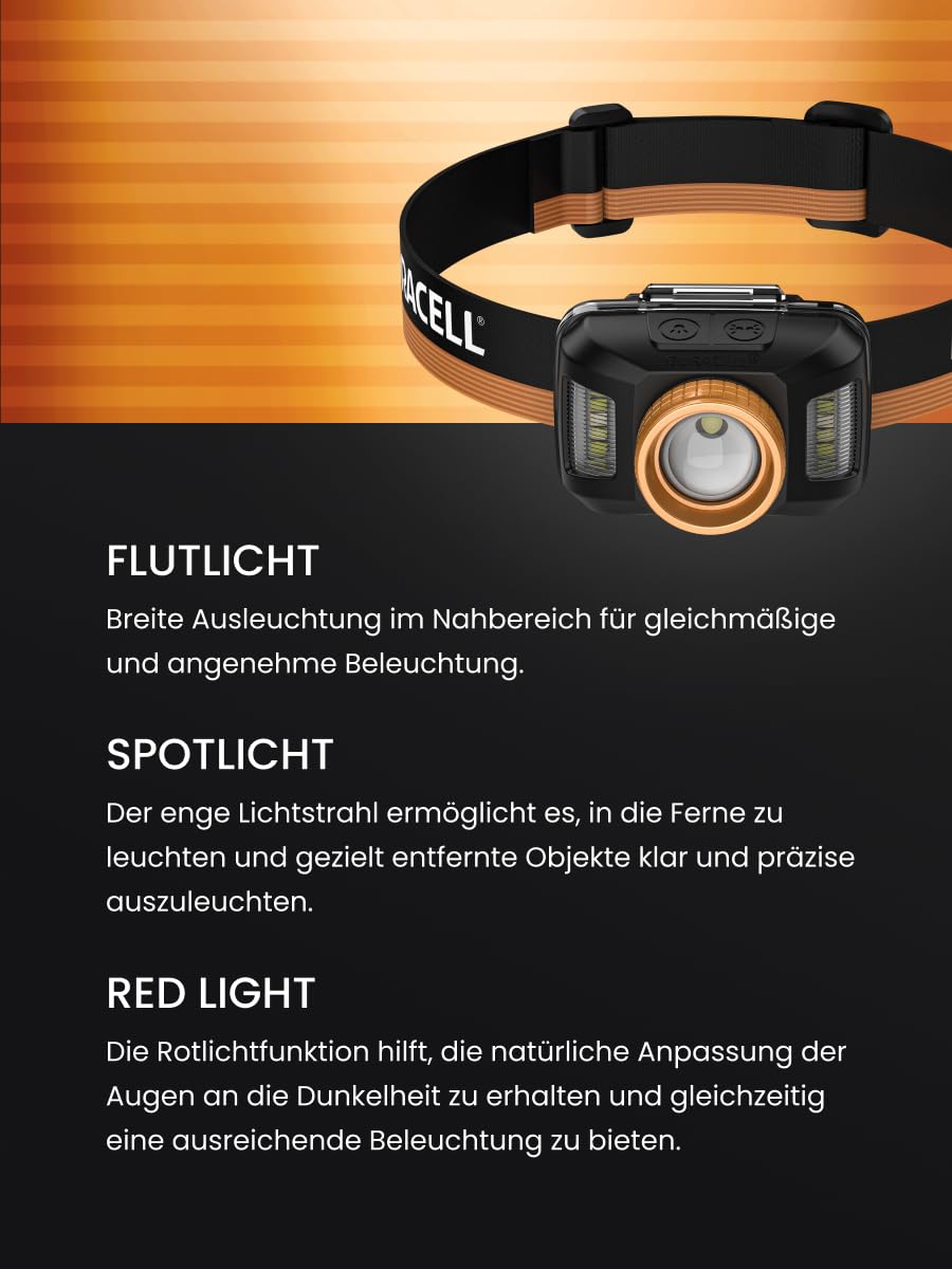 Duracell Lampe frontale LED DH400 Core – 400 lumens, focalisable, portée d'éclairage 50 m, fonction lumière rouge, différents modes d'éclairage, 3 piles AAA incluses, ergonomique, résistante aux