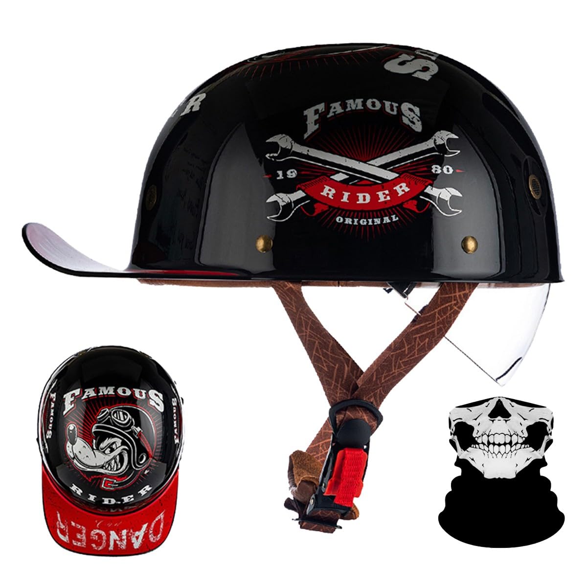 Retro Halbschalenhelm mit ECE-Zulassung,Vintage Motorradhelm Baseball Cap mit Versenkbare Sonnenblende und Schnellverschluss,Cruiser Chopper Scooter Jethelm Herren Damen Helm M-XXL