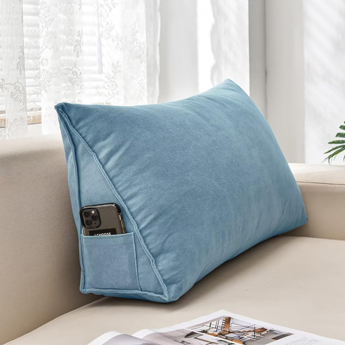 Cuscino da lettura triangolare, in morbida ciniglia, per supporto lombare, posizionamento delle gambe, 71 x 35,6 x 20,3 cm, ideale per leggere e rilassarsi, colore: blu