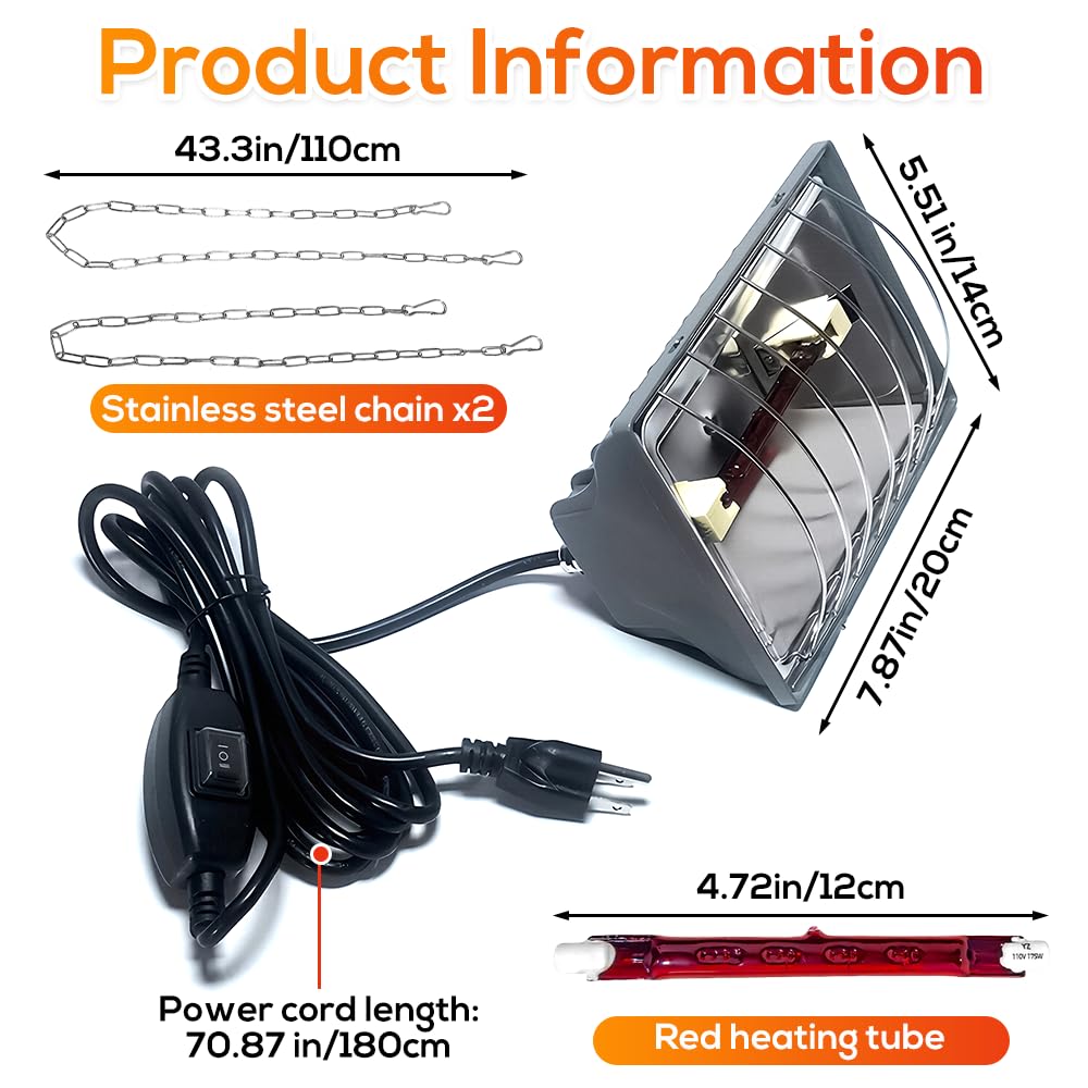 175W Lampada Riscaldante per Pulcini, Cavo da 1,8m, Lampada Infrarossi Riscaldante per Pulcini con 2 Catene Sospese, Lampada per Pulcini Appena Nati, Lampada Riscaldante per Can, Polli, Anatre