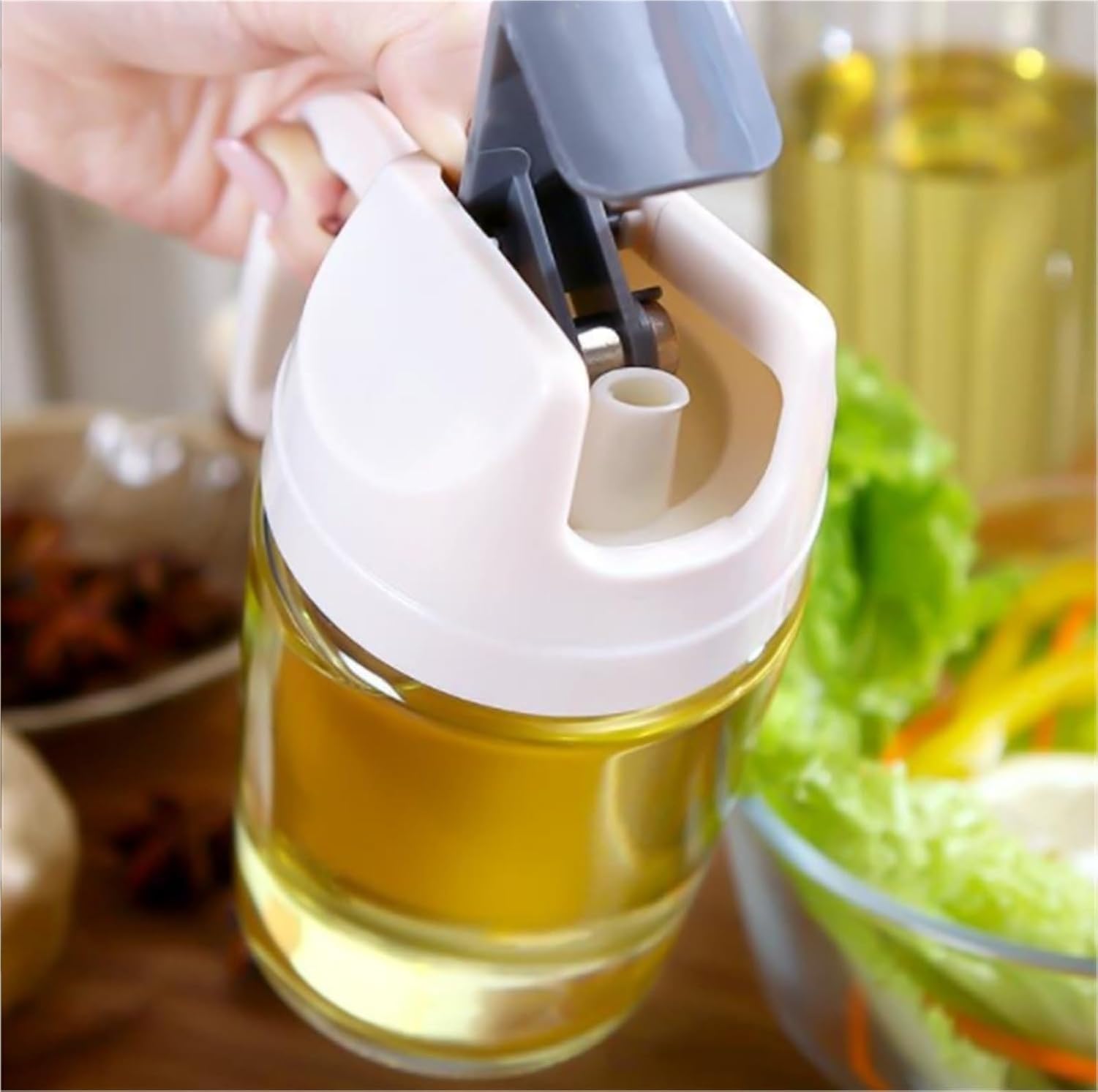 Portabottiglie Olio Vetro Ricaricabile Cucina Contenitore Olio d'Oliva per Friggere Insalata Spruzzo per Air Fryer Erbe, Beige, 600ml