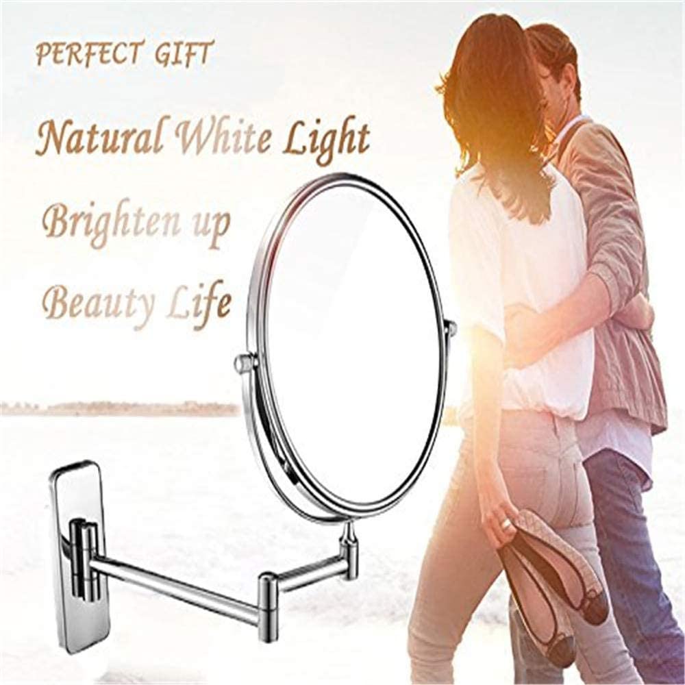 Espejo de maquillaje Montaje en pared Giratorio de 360 ° Doble Cara 1X 10X Aumento Espejo de baño con Luz LED Forma Redonda extensible Espejo de belleza plegable 8 pulgadas