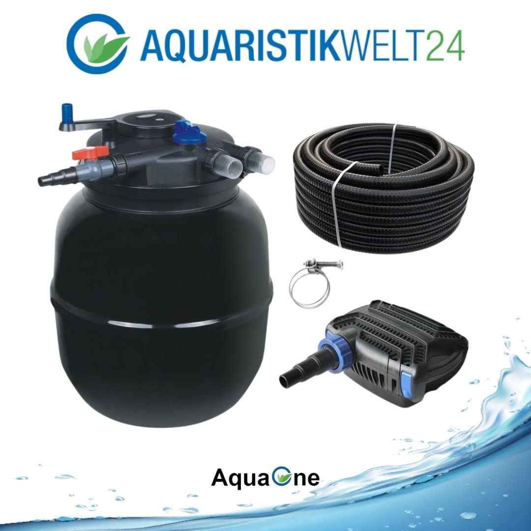 AquaOne Zestaw filtrów do oczka wodnego z pompą do stawu, pompa filtrująca CPF-50000 do stawu o pojemności do 80 000 litrów, kompletny zestaw z lampą UV, pompa Eco 80 W, wąż do stawu nr 53