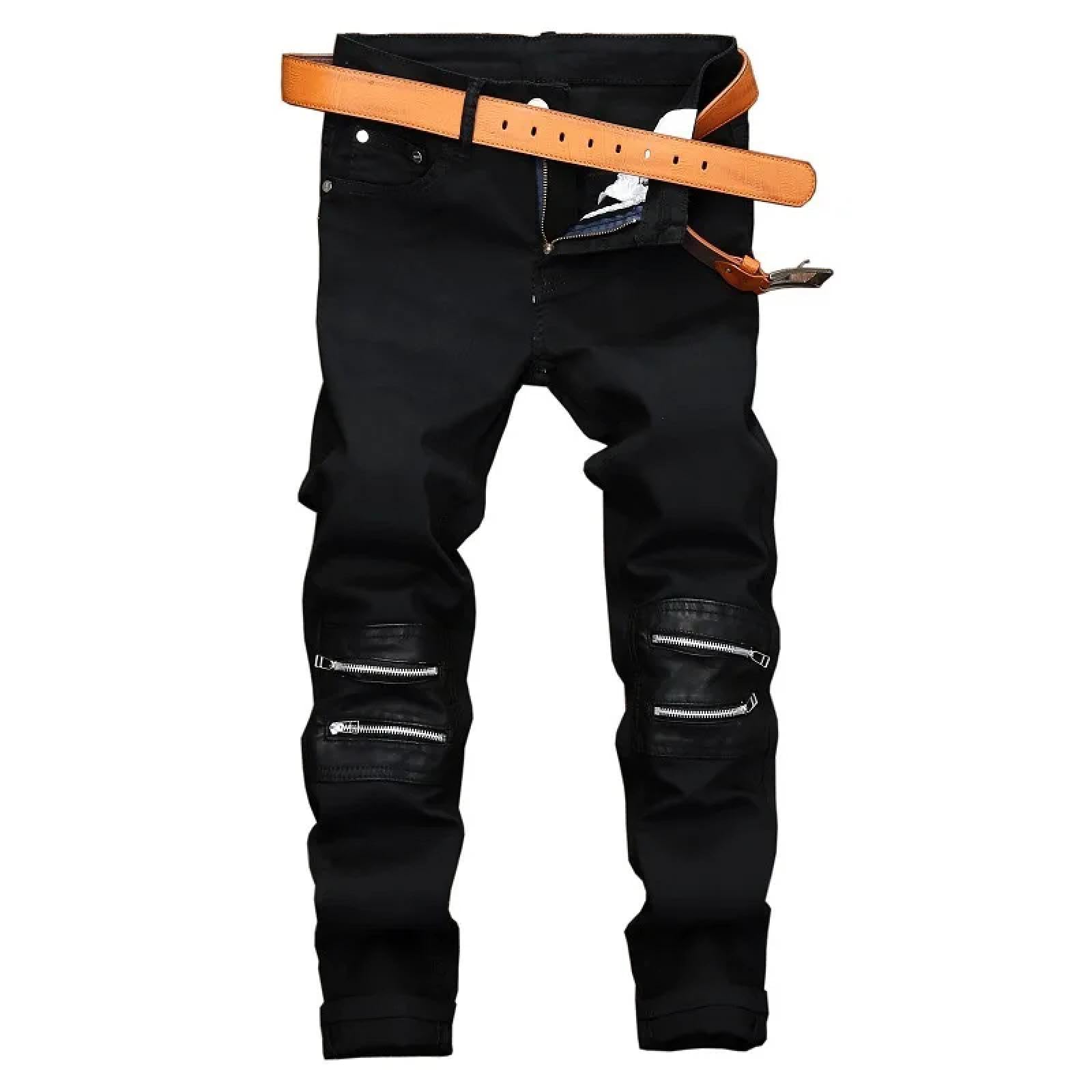Jeans Pantalon Herren Leder Knielange Jeans Mit Reißverschluss Schwarze Stretch-Gerade Slim Fit Legere Trendige Jeanshosen Männer