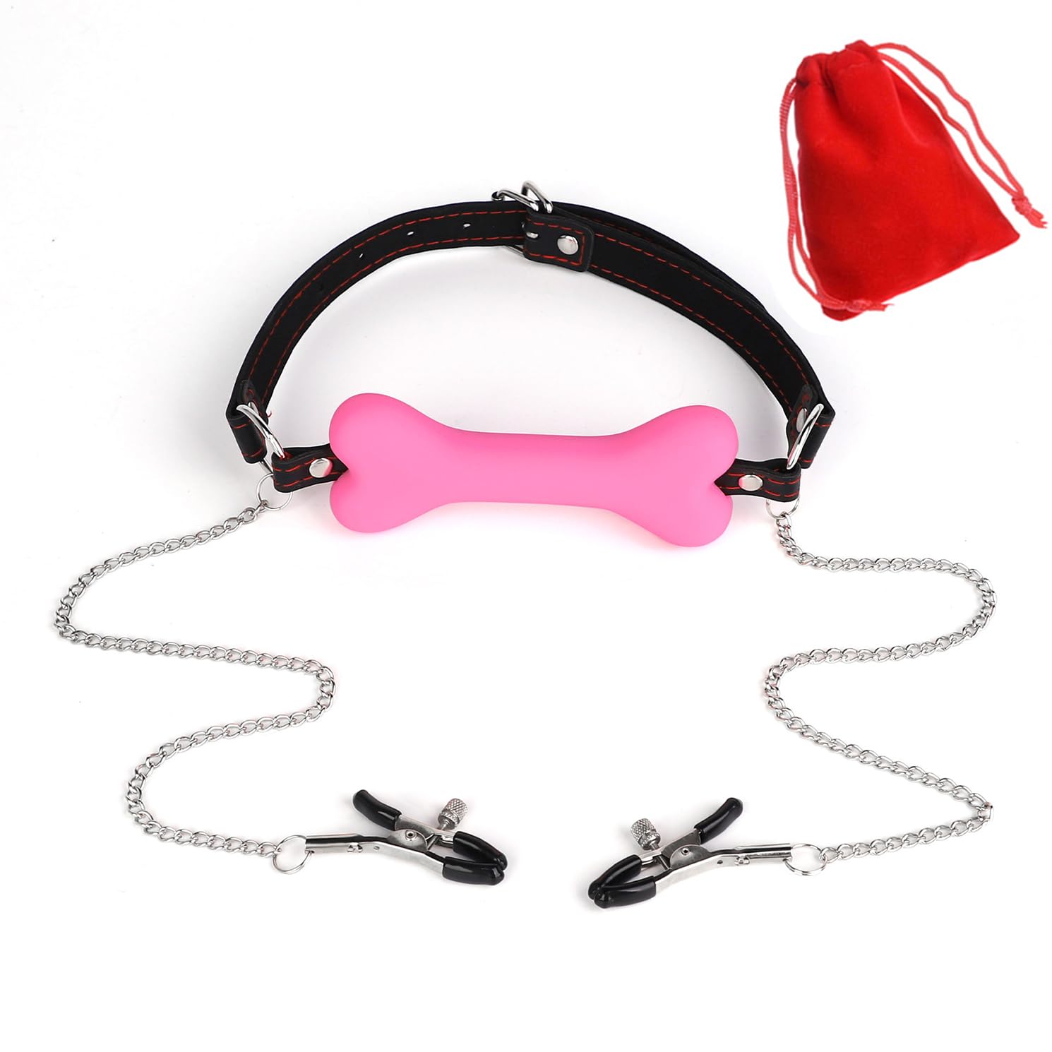Silicone Bone Mouth Gag with Nipple Clamps Bone Gag Restraints Ballgag Mouth Ball Fetish Muzzle Ball Gag for Couples Breathable Gag Toys
