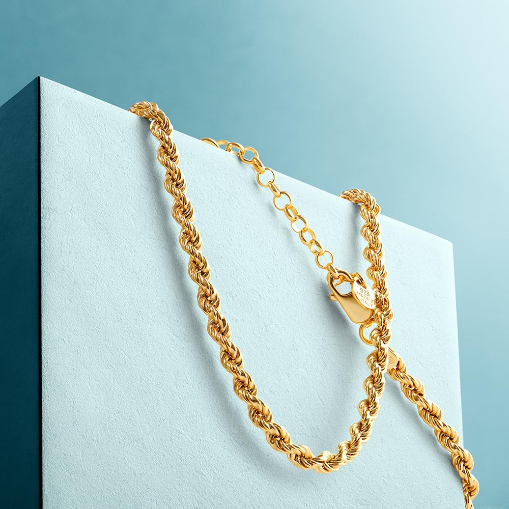 MIORE Cadena de cuerda para mujer 43–47 cm, Plata de ley 925 bañada en oro de 18 quilates, Collar diseño retorcido de 3,8 mm, Cierre de langosta, Fabricado en Italia, Entregado en Joyero